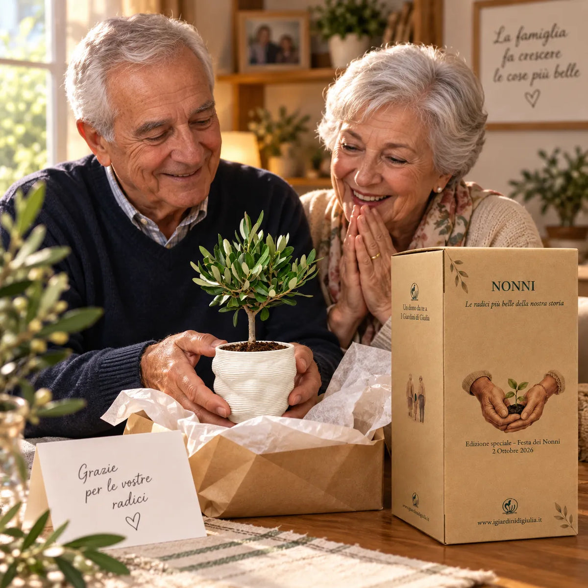 Bonsai Olivo in Vaso Alba in ceramica edizione festa dei nonni