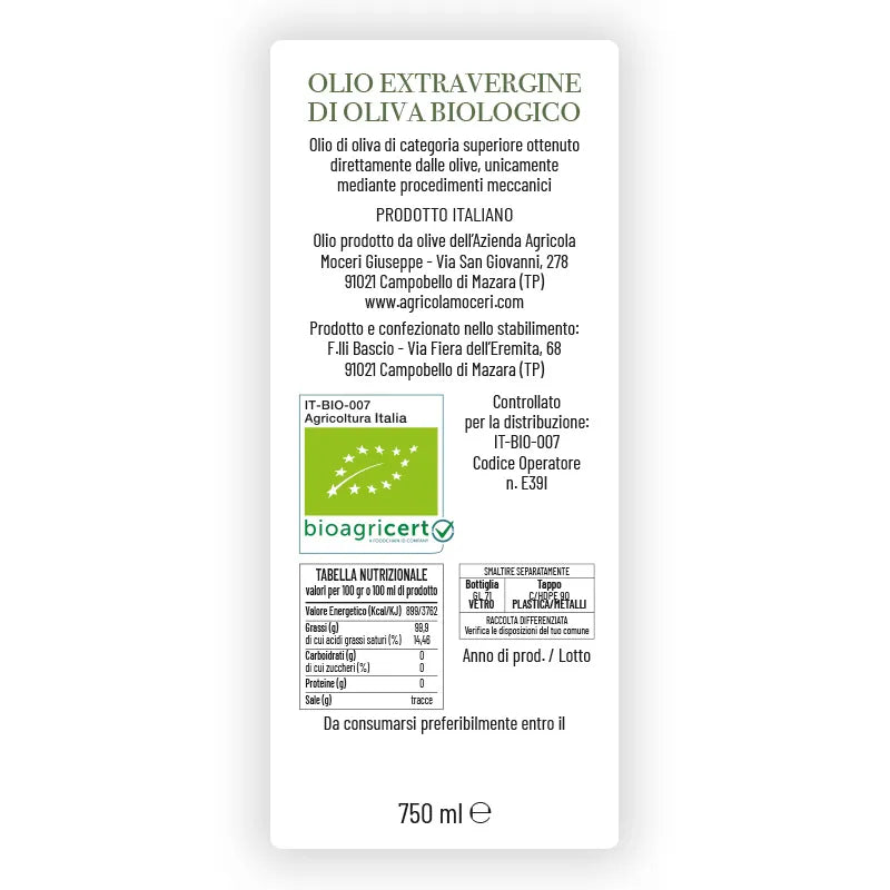 Olio EVO Moceri BIO 100% siciliano in bottiglia vetro Dorica