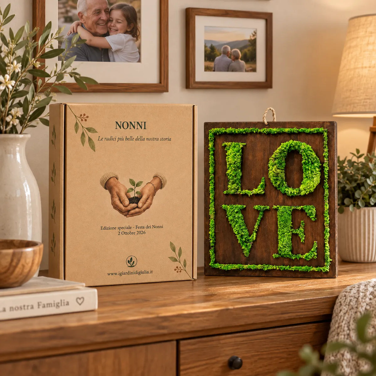 Quadro in Muschio Stabilizzato con Scritta LOVE – 40x35 cm edizione festa dei nonni