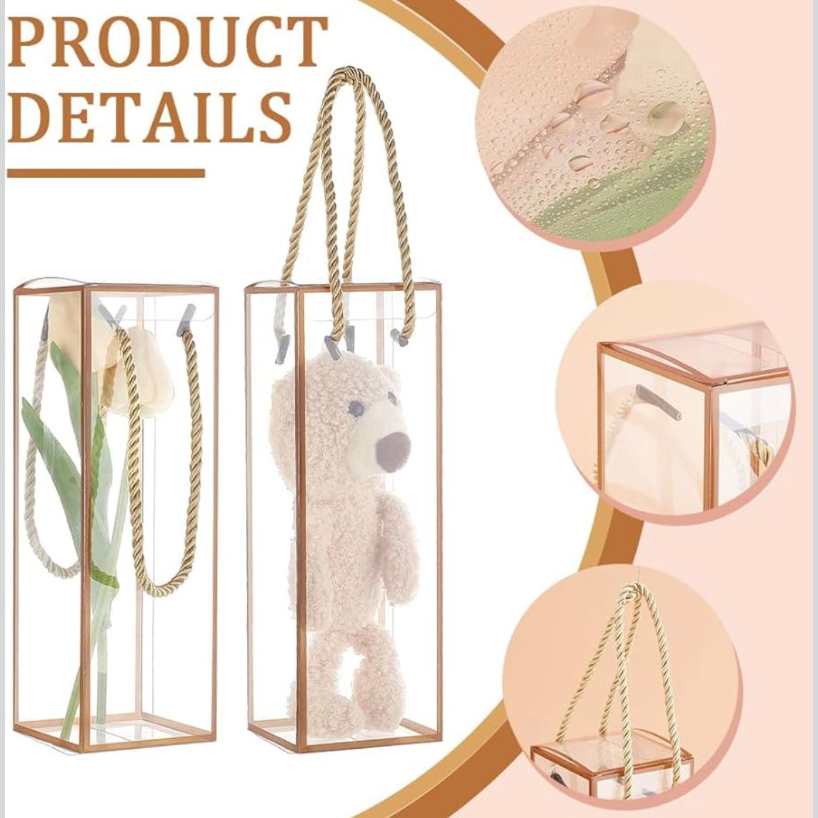 Set 5 Scatoline per Bomboniere 7cm x 7cm x 21cm Trasparenti bordi oro e lacci