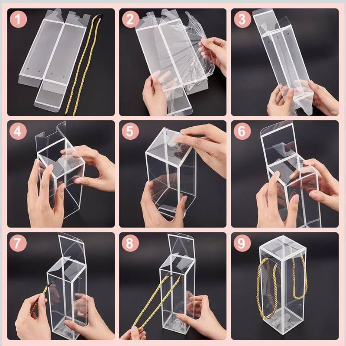 Set 5 Scatoline per Bomboniere 7cm x 7cm x 21cm Trasparenti bordi oro e lacci