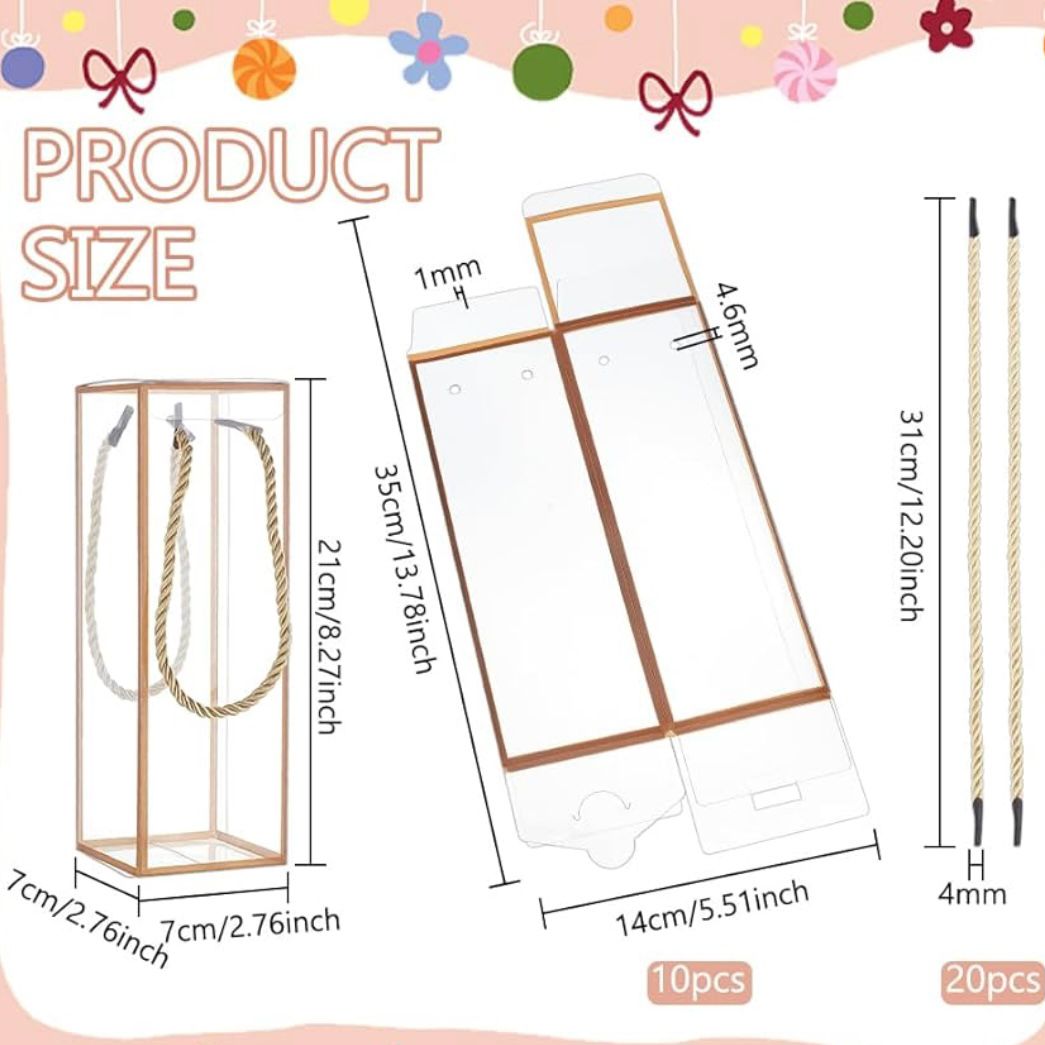 Set 5 Scatoline per Bomboniere 7cm x 7cm x 21cm Trasparenti bordi oro e lacci