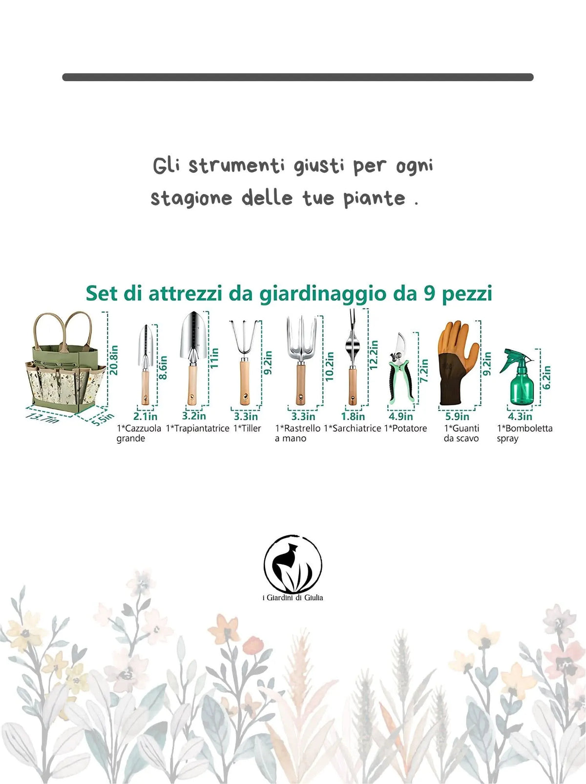 Kit Completo Attrezzi da Giardinaggio - Set 9 Pezzi con Borsa Organizer