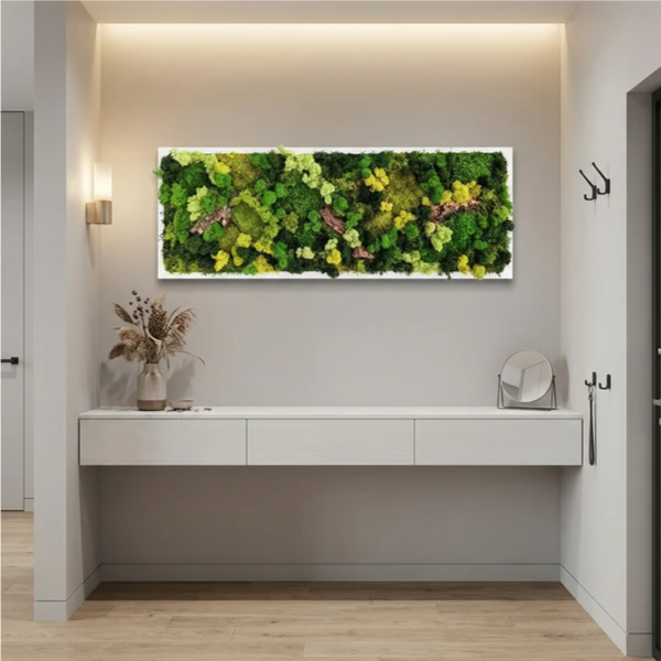 Quadro Rettangolare Muschio e Licheni Stabilizzati con Sughero – 90x30 cm | Cornice Bianca o Nera