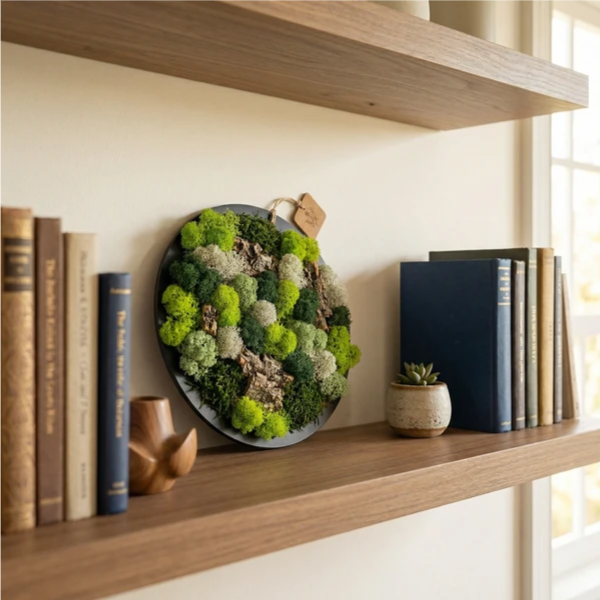 Quadro tondo nero di muschio e licheni